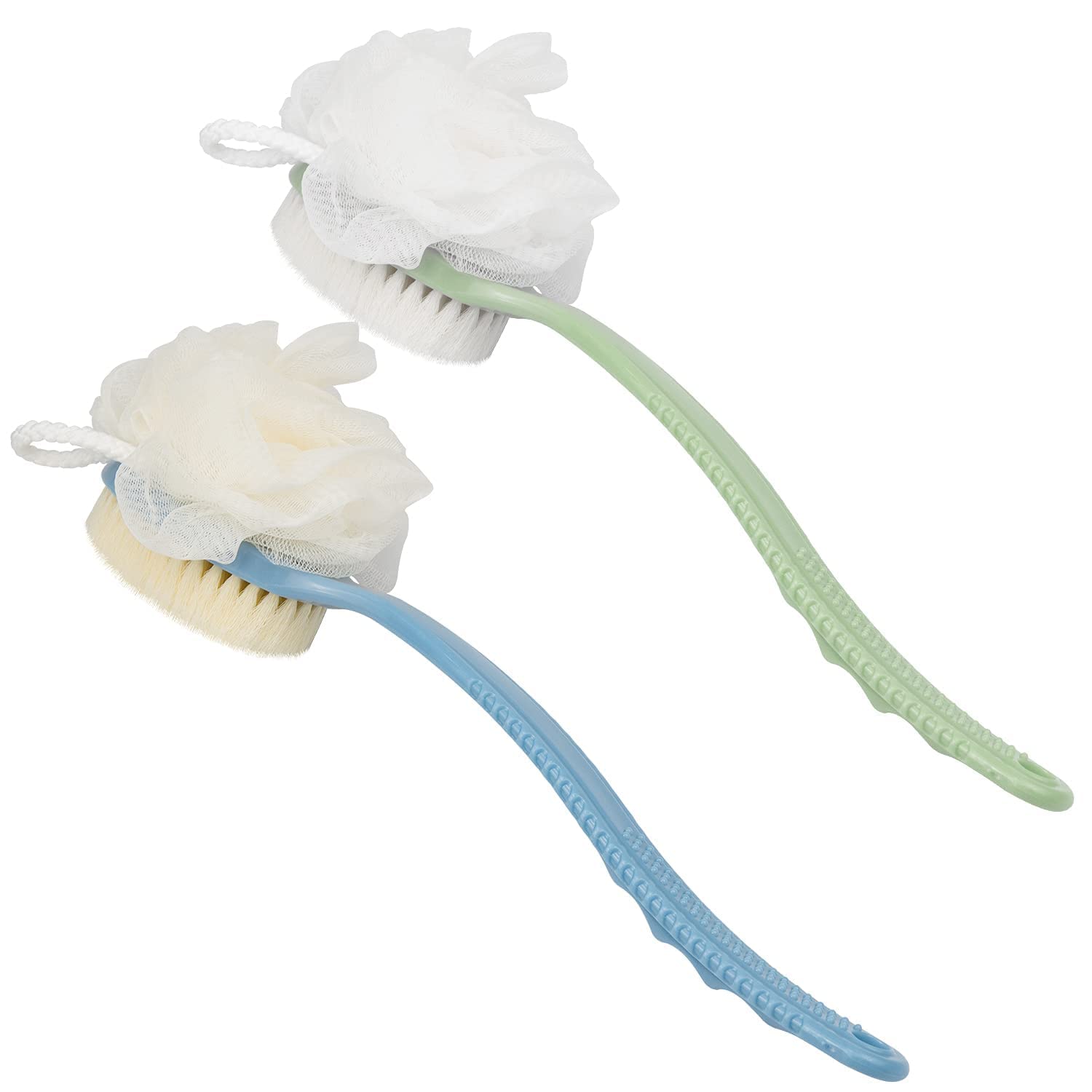 Shower Body Brush with Bristles and Loofah 2 Pack, Body Brushes Back Scrubbers Bath Dry Brush Mesh Sponge with Curved Long Handle Exfoliating Skin for Men and Women(Green & Blue)