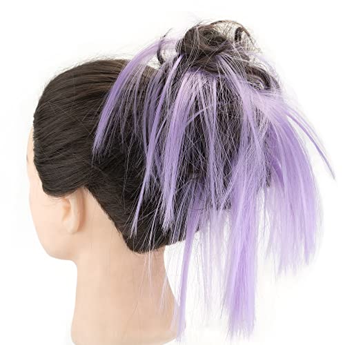 IMISSU 2PCS Messy Hair Bun Piece Updo Fake Scrunchies Extension Wavy Curly Hairpieces Ponytail Chignon Headband for Women Girls (2PCS Brown Light Purple) - Image 2
