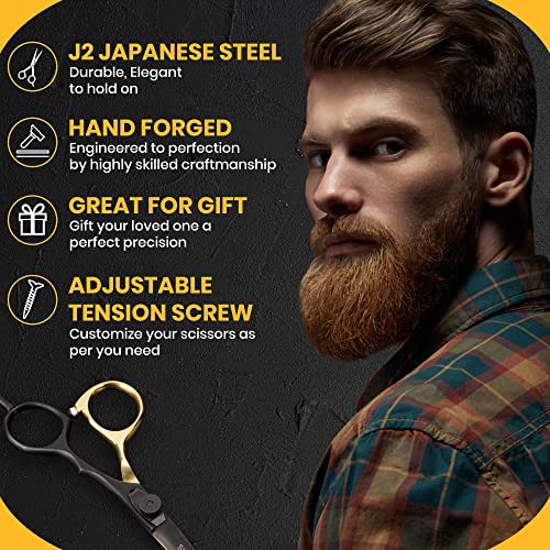Beauty & Crafts Beard And Mustache Scissors For Men 5.5'' Mustache Grooming Kit For Men With Pouch & Carrying Comb, Facial Hair Scissors Perfect Beard Scissors Japanese Steel (Gold & Black) #TOP4