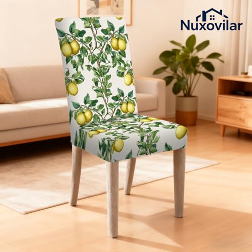 Image of Nuxovilar 6PCS Lemon Tree Yellow Green Leaf Stretch Chair Covers | Stretch Slipcover Furniture Protector Lemon Wrap Seat Guard Dining Room Kitchen Garden Cafe (Lemon Tree Pattern)