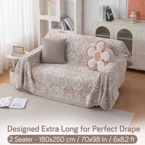 Image of HOKIPO Printed 320 GSM Chenille Sofa Cover Throw Blanket for 2 Seater Sofa - All Season, 'Serene Abode Series' Boho Floral Tile (180x250 cm) (AR-6632-D5)