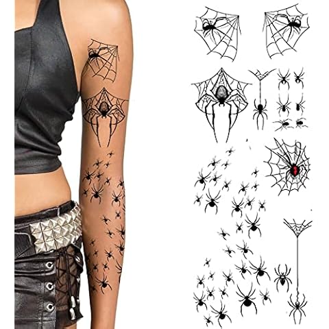 Tatodays Halloween temporary tattoos paper transfer sticker spider webs black widow gothic goth women men adults kids body art makeup cosplay festivals parties Cover