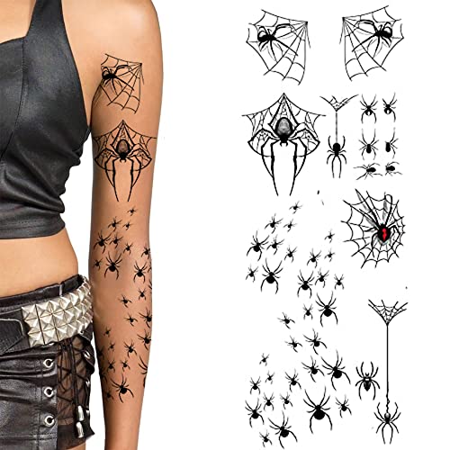 Taotdays Halloween temporary tattoos paper transfer sticker spider webs black widow gothic goth women men adults kids body art makeup cosplay festivals parties