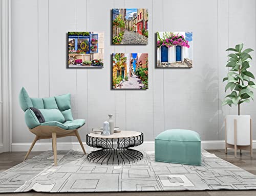 Image of Italy Tuscan Wall Art, Colorful Nature Scenic Framed Pictures Canvas Prints, Modern Town Street Artwork Paintings for Living Room, Bedroom, Office Wall Decor 12 inchx12 inchx4pcs
