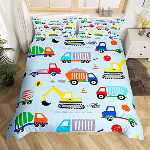 Cartoon Construction Bedding Set Equipment Trucks Comforter Cover Set for Kids Teens Car Excavator Tractor Duvet Cover Construction Vehicles Bedspread Cover Room Decor King Size