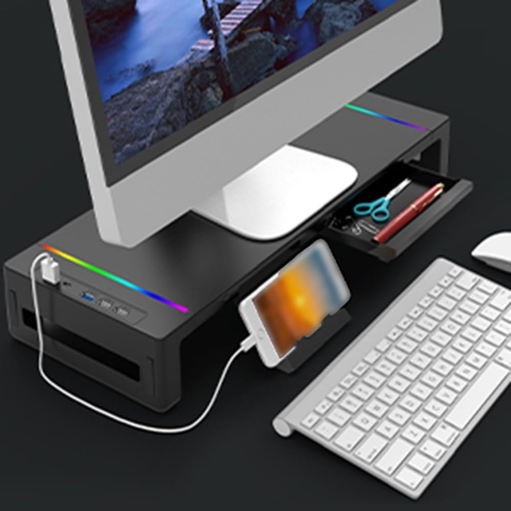 Supporto Monitor con USB 3.0 e Luci LED RGB, Rialzo Ergonomico per Scrivania in ABS con Organizzatore Cavi, Base Stabile per Schermo PC 43.5cm(Black)