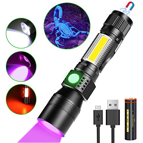 USB Torch, iToncs 3 in 1 UV Catch Scorpion Torch [whitelight redlight & UV] Super Bright Waterproof LED Torch with 7 Modes for Pet Clothing Food Fungus Detection/Camping/Night Fishing