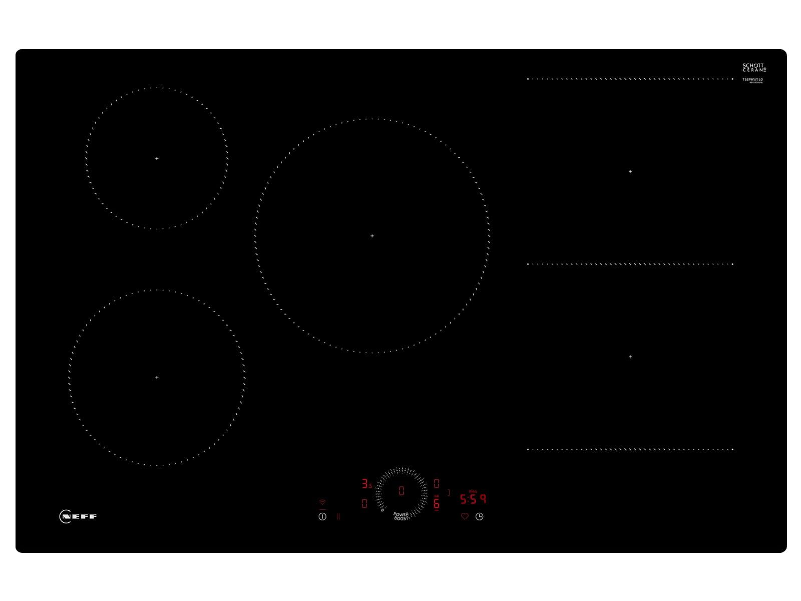 NEFF T58PHW1L0, N 70, piano cottura a induzione, in vetroceramica autoportante, larghezza 80 cm, Twist Touch, Combi Induction, Home Connect, Smart Hood Automatic, a filo, nero
