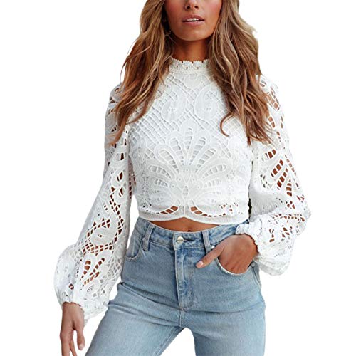 Mujer Camiseta Elegante de Encaje Top Blusa de Ganchillo Crop Top Camisa Blanca con Agujeros Tops Recortados Ajustados de Manga Larga y Cremallera Trasera para Casual Fiesta Boda Cita (Blanco, S)