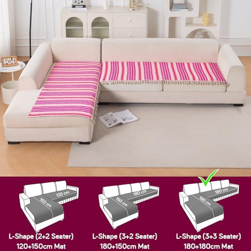 Image of HOKIPO 'Artisan Boho Series' L Shape (3+3 Seater) Sofa Cover Seat Mat | 450 GSM Cotton Acrylic Jacquard Fabric with Tassel, Fuchsia Pink (IN-904-A5*2)