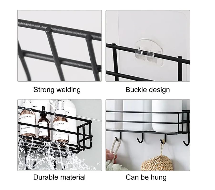Image of TEKCOOL Aluminium Self-Adhesive Bathroom Shelf with Hooks - Space-Saving Wall Mounted Shelf for Bathroom Essentials - Durable, No-Drill Required - Sleek Design. (Pack of 1)