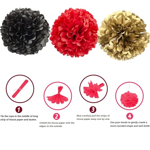 Image of We Moment Black,Red and Gold Paper Pom Poms Decorations for Wedding Birthday Party Decoration Ceiling Wall Hanging Tissue Flowers Decorations 12pcs,3 Colors of 12 Inch, 10 Inch
