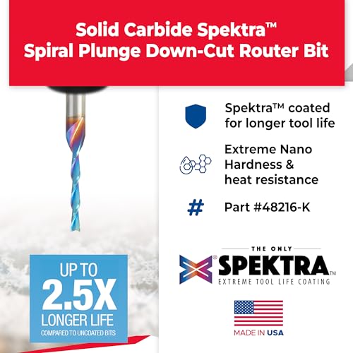 Image of Amana Tool 48216-K SC Spektra Extreme Tool Life Coated Spiral Plunge 3mm Dia x 20mm CH x 6mm SHK 63mm Long Down-Cut Router Bit for Drilling Shelf Pin Holes