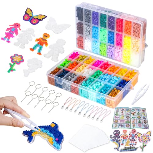 VynyQoo Cuentas para Planchar, 8200 Perlas de 5mm en 48 Colores con Beads Plantilla, Papel para Planchar, Llavero, Pinzas – DIY de Manualidades, para Niños, Niñas y Adolescentes