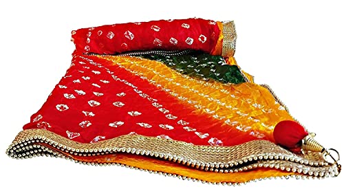 Image of Women's Jaipuri Art Silk Bandhej Rajasthani Bandhani Dupatta with Gota Patti Lace