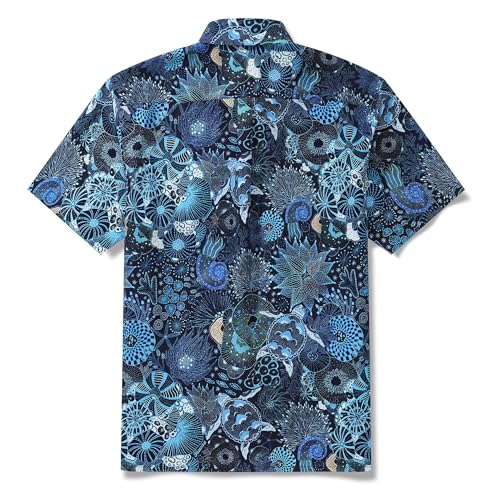 Men's Blue Hawaiian Shirt Short Sleeve Button-Down Sea Turtle Shirt 100% Cotton Blue Aloha Reef Rules4