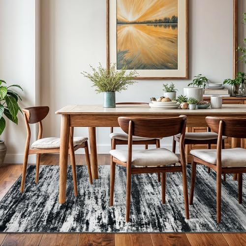 KOZYFLY Washable Area Rug 5x7 Modern Ombre Living Room Thin Rug Non-Slip Soft Striped Area Rug for Bedroom, Black Navy Blue Grey Abstract Carpet for Laundry Kid Room