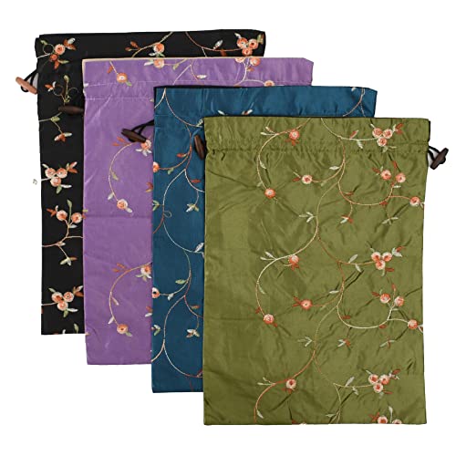 Embroidery Silk Flower Shoe Bag 4Pcs Drawstring Silk Travel Bag Jacquard Underwear Bags Washable Big Sachet Bag Storage Bags for Men Women