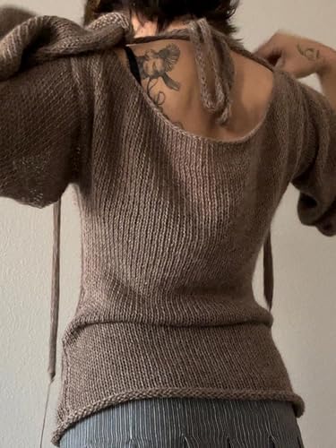 Image of CORIRESHA Women's Vintage Tie Back Bell Sleeves Boat Neck Casual Knitted Pullover Sweater