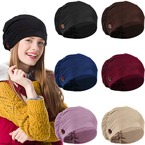 6 Pieces Bouffant Caps with Buttons, Soft Unisex Stretch Headband Elastic Turban Headwrap with Ear Loop Holder Button (Black, Coffee, Navy Blue, Wine Red, Pink, Beige)