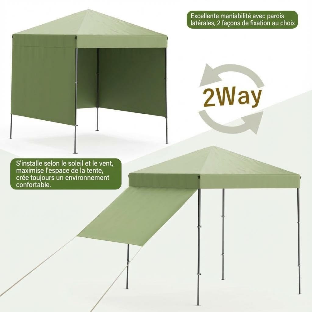 Tonnelle Pop-Up 2.2x2.2m Imperméable & Anti-UV avec Pare-Chaleur, Installation Facile + Panneau Latéral, Abri de Jardin Portable + Sac de Rangement, Couleur Vert Clair