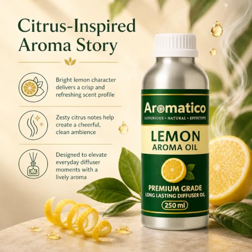Image of AROMATICO Lemon Diffuser Oil with Strong, Long-Lasting Fragrance for Homes, Offices & Showrooms. For Aromatherapy, Diffusers, Air Purifiers, Vaporizers - 250 ml