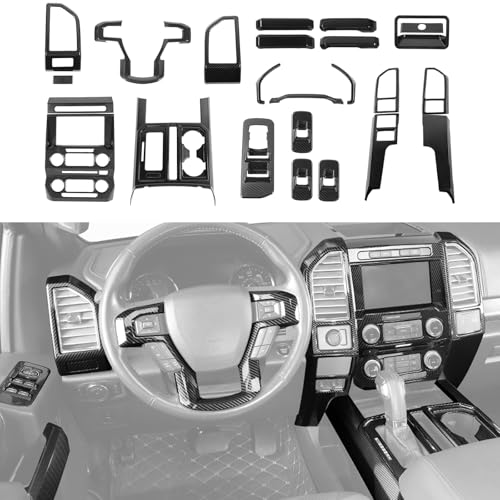 CheroCar 25PCS Carbon Fiber Interior Decoration Trim Kit Fit for 2015-2020 Ford F150 Central Control GPS Navigation & Window Lift & Dashboard & Emergency Light Switch Cover Panel Interior Decoration