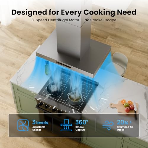 Image of VIKIO HOME 36 inch Island Range Hood, Dual-Sided Gesture Sensing and Touch Controls Island Mount Range Hood, Upgraded 36 Inch 1200 CFM Ducted Range Hood with 3 Speed Fan, Stainless Steel