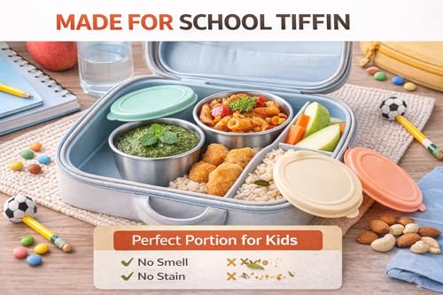 Image of Stainless Steel Mini Storage Containers with Lid (Pack of 4, 80 ml) Leak-Proof Small Round Sauce & Chutney Cups for Kids Tiffin, Lunch Box, Salad Dressing, Snacks, Travel Food Container