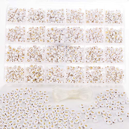 1200PCS Acrylic White and Gold Letter Beads for Bracelets Alphabet Beads for Jewelry Making Name Bracelet Kit 480 Pcs Numbers and Few Symbols Mixed Beads (Acrylic)