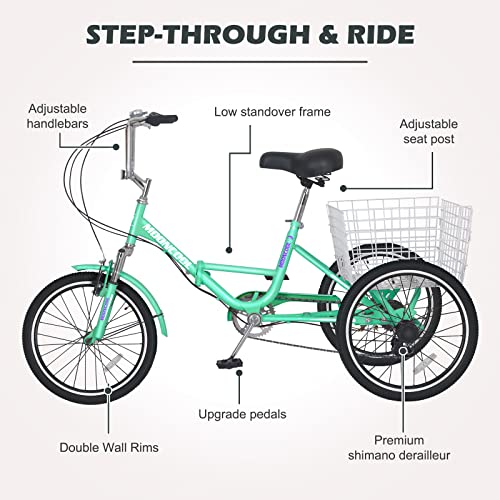 Barbella Adult Folding Tricycles Folding Bikes, 7 Speed 20/24/26 Inch 3 Wheel Adult Trikes Cruiser Bike with Large Basket, Foldable Tricycle for Adults, Women, Men, Seniors