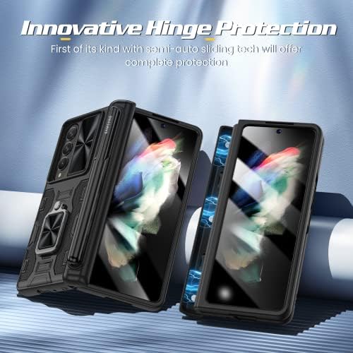 Doeshine for Galaxy Z Fold 4 Case with 360° Ring Kickstand & Camera Cover, S Pen Holder & Tempered Glass Screen Protector, Magnetic Hinge Protection, Case for Samsung Galaxy Z Fold 4 (Black)