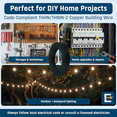 Image of THHN Wire 12 Gauge (12 AWG) 50 FT - Stranded Copper Building Wire for Panel /Control Wiring, Grounding & Lighting Circuits (Residential /Industrial), UL Listed, 600V, THWN-2, PVC /Nylon Jacket, Black