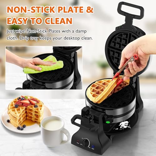 Image of Waffle Maker, 1400W Belgian Waffle Maker, Double Waffle Iron 180 Flip, Rotating Nonstick Plates, Adjustable Browning Control, Locking Buckle & Cool Touch Handle, Removable Drip Tray, Stainless Steel