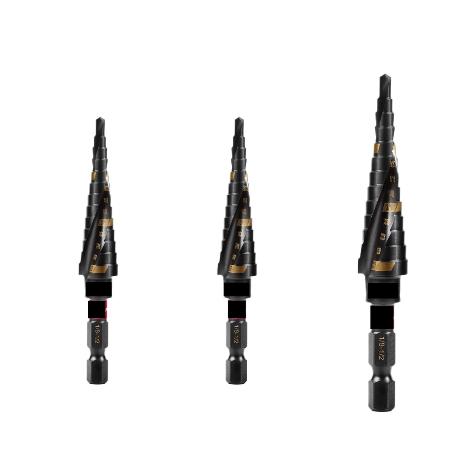 Juego de brocas escalonadas titanio 1/8"–1/2" | Flauta espiral con vástago de liberación rápida for metal, madera y plástico(3PCS)