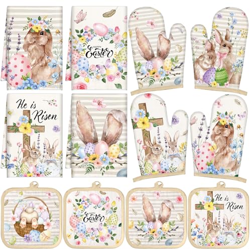 SiliFine 12 Pcs Easter Kitchen Accessories Set Easter Bunny Egg Oven Mitts Pot Holders Kitchen Towels He is Risen Christian Religious Decorations for Home Accessories, Cooking Baking Gifts