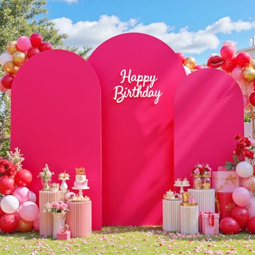 Image of Hot Pink Arch Backdrop Cover Set of 3 (7.2ft, 6.6ft, 6ft), Double-Sided Spandex Chiara Arch Frame Covers, Wrinkle-Free Vibrant Matte Fabric for Birthday Party Decor (No Stand)