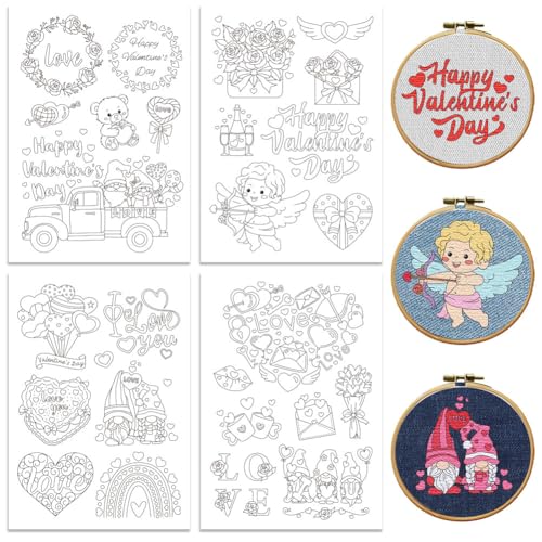 Image of Peacoblue Water Soluble Embroidery Patterns for Beginners, Valentine's Day Elements 4 Sheets with 27pcs, Wash Away Embroidery Pattern Stabilizer for Hand Sewing Lover Couple Women Adults