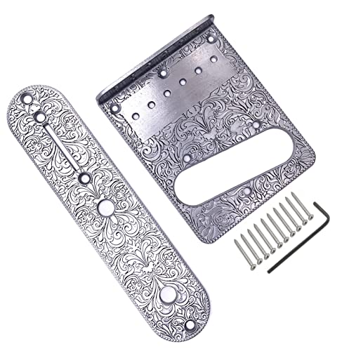 Tuoren 1 Set Telecaster Bridge Plate 3 Way Switch Control Plate Set With Carved Pattern Compatible With Fender Tele 6 String Electric Guitars Silver #TOP1