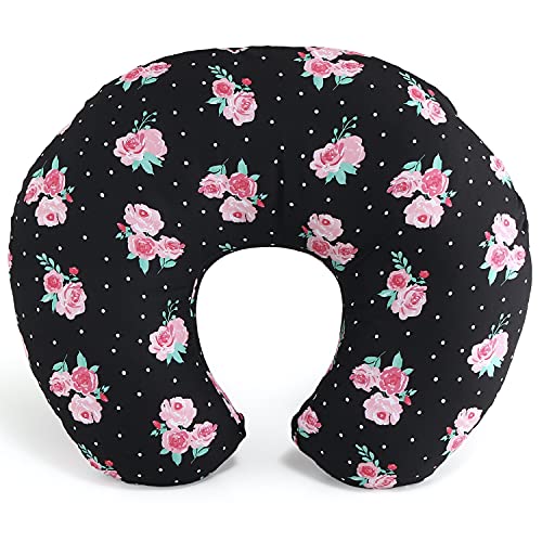 Image of The Peanutshell Nursing Pillow & Cover - Soft Newborn Nursing Baby Girl Pillow Covers, Supportive & Comfortable Breastfeeding, Tummy Time Baby Essentials - Black & Pink Floral
