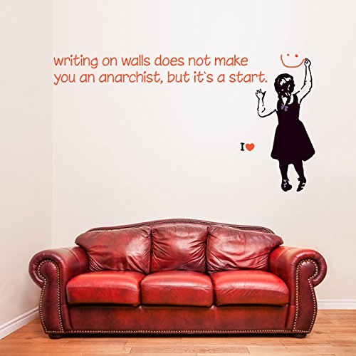 AnOL Banksy Vinilo para Pared Frase La Escritura en Paredes no te Hacen Anarquista/De Colores Niña con Cara Sonriente/Street Graffiti Pegatina + Gratis Adhesivo (160x85 cm)