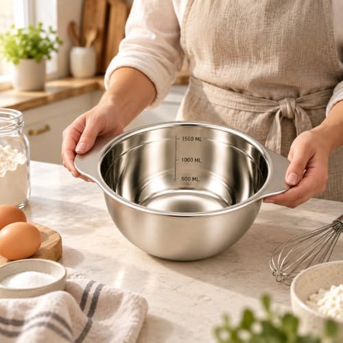 Paslanmaz Çelik 1500 ml Ölçülü Kap 23 cm, İç Ölçek Çizgili 1,5 L Karıştırma ve Hazırlık Kabı, Çift Yan Tutamaçlı Mutfak Ölçü Kabı