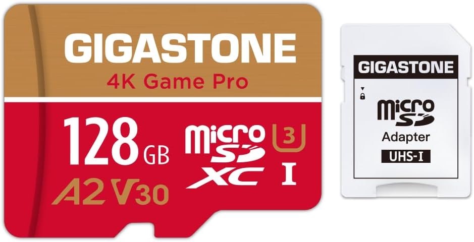 [Gigastone] 128GB Micro SD Card, 4K Game Pro, MicroSDXC Memory Card for Nintendo-Switch, Security Camera, DJI, Drone, UHD Video, R/W up to 100/50MB/s, UHS-I U3 A2 V30 C10