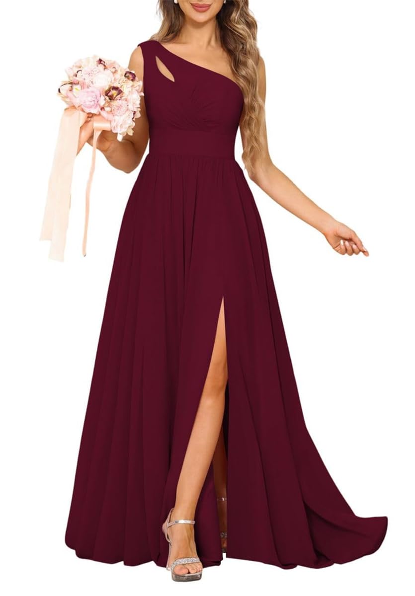 YIANN Chiffon A Line Bridesmaid Dresses Long Burgundy One Shoulder Pleated Formal Evening Gown with Slit Maid of Honor UK22