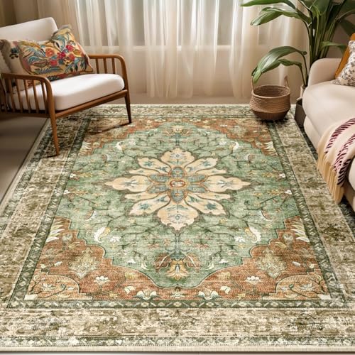 RELEANY Area Rugs 5'x7' Washable Non-Slip, Floral Vintage Distress Print Pattern Medallion Carpet for Living Room Bedroom Dining Room, Brick Red Rust Red Neutral