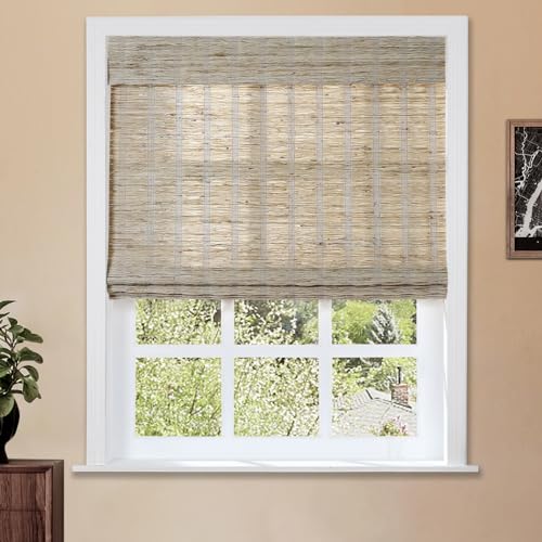 Image of TWOPAGES Cordless Roman Shade No Drill Customized Ramie Roman Blind Light Filtering Roman Window Shade for Kitchen Indoor Windows, Almond, 1 Piece