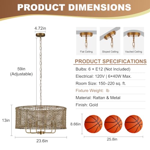 Image of 23.6 inch Large Rattan Chandelier, 6-Light Gold Wicker Light Fixture