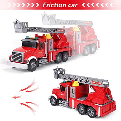 Tacobear Fire Engine Toy Large Fire Truck Toy 1:16 Friction-Powered Emergency Rescue Ladder Fire Truck with Splashing Water, Lights, Sounds Educational Toys Gift for Kids Boys 3 4 5 6 7 8 Years