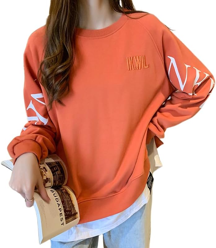 [FUYULE] フェイクツーピース長袖スウェットシャツ 女性用 ルーズ 韓国風 薄手 2025夏季 丸首 文字入り 人気モデル (