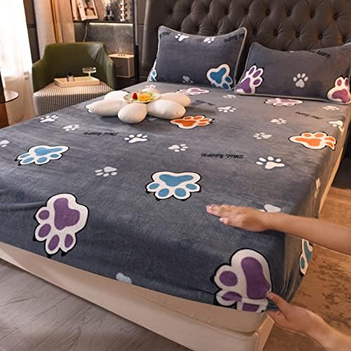Daenlujec Extra Fitted Sheet paw Print Twin,Milk Fleece Coral Mattress Protector Sheet and Pillow Covers, Plus Thick Velvet Bedspread Winter for Teen Kids Bedroom Apartment 100x200cm(3PCS)